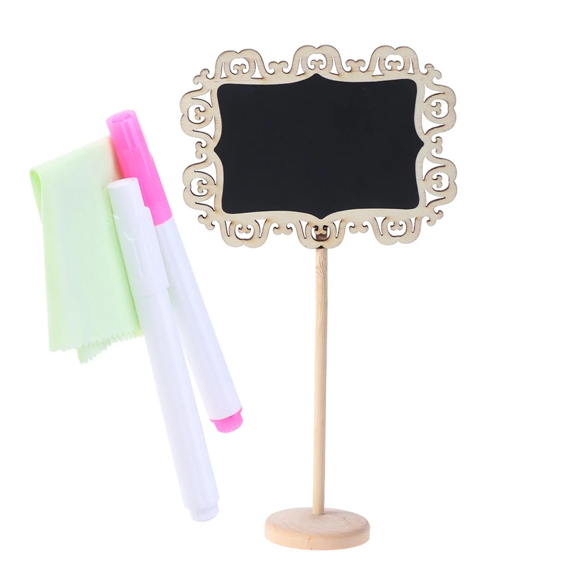 

8pcs Hollow Lace Mini Chalkboards with Support Message Board Signs Table Place Signs Wipeable Water Pen Cleaning Cloth for Home