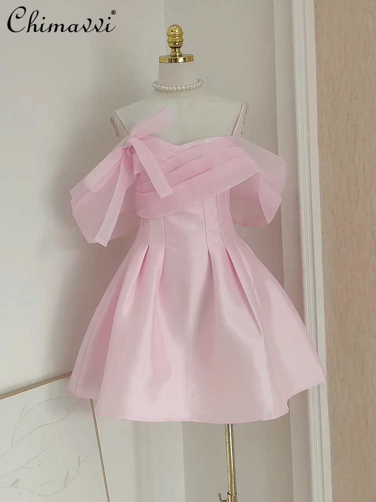 French Elegant Sweet Pleated Lace-up Bow Splicing Off-shoulder Sleeves High Waist Slim A-line Organza Sling Party Dress Women