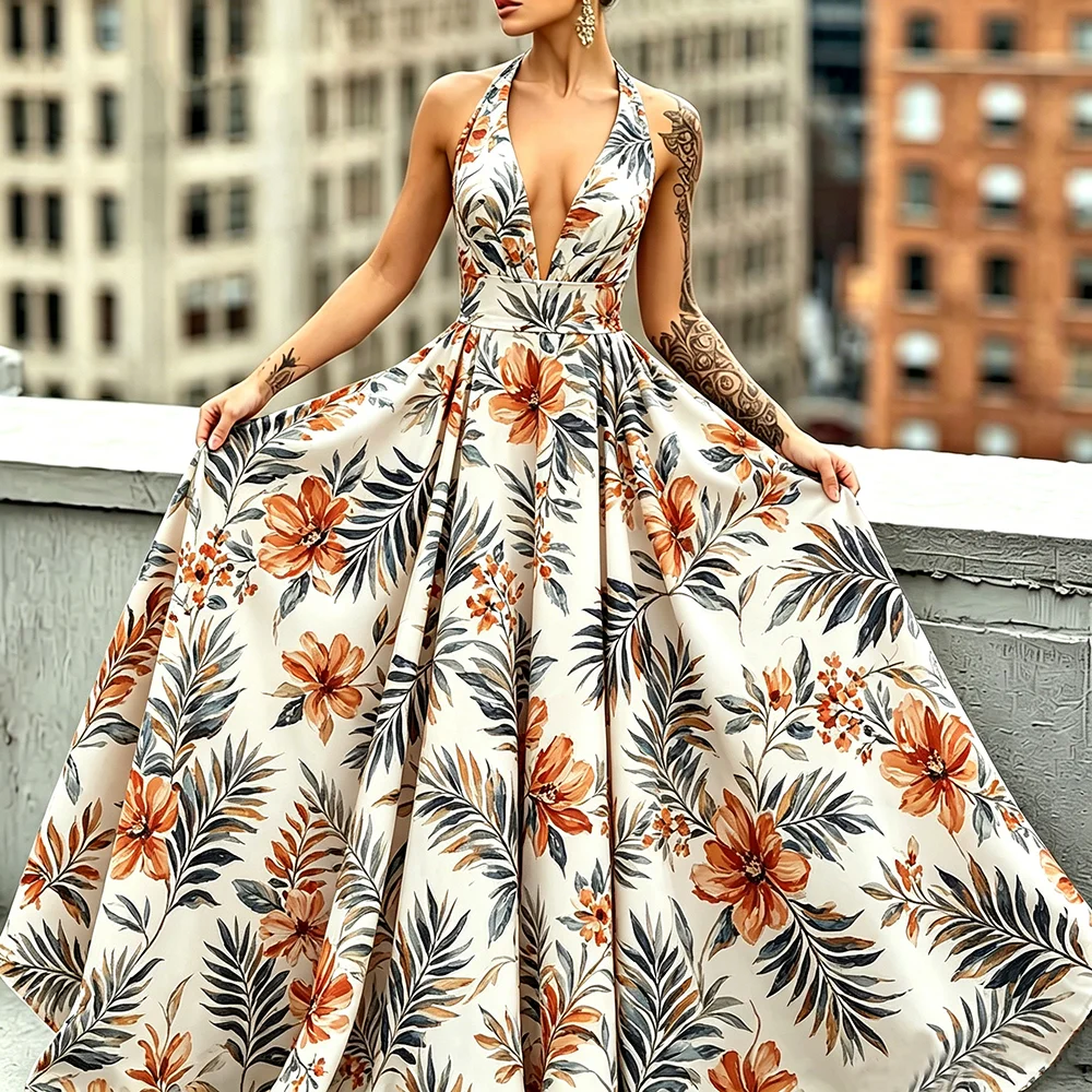 

Women's Summer Boho Floral Print Halter Deep V Maxi Dress Fashion Sleeveless Voluminous A Line Dress Vacation Casual Outfit