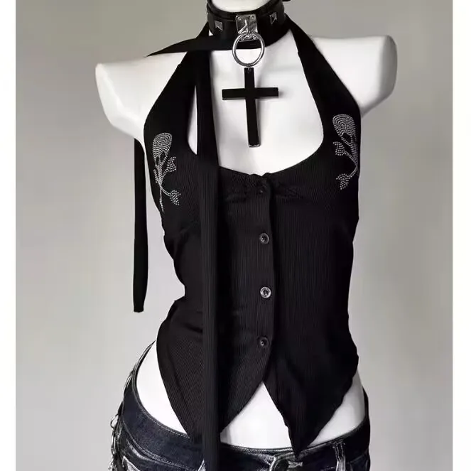 Punk Vintage Y2K Subkultur Halter Weste Gothic Schädel Drucken Tanks Neue frauen Halter Top Harajuku Sexy Schlank Tops Frauen kleidung