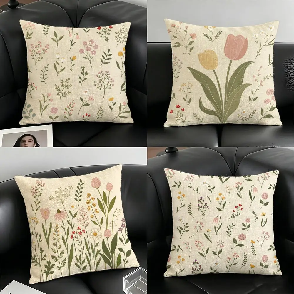 Pink Mixed Wildflower Cutout Cushion Cover Natural Linen Organic Fabric Double-Sided Printing Breathable For Home Decor