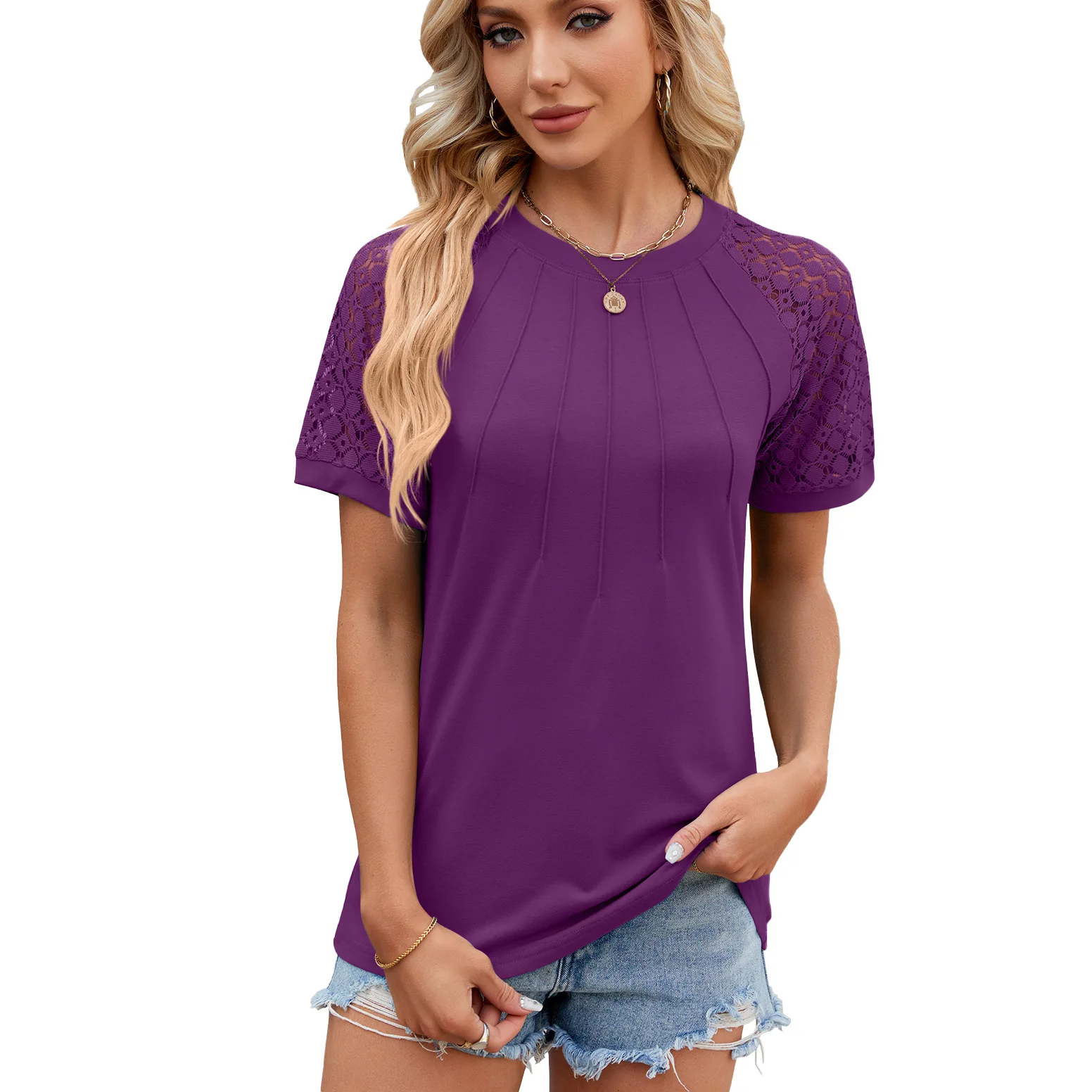 

2025 Hot Sells Summer Women's T-shirt Lace Pullover Solid Color Top O-Neck Lace Spliced Short-sleeved Tees