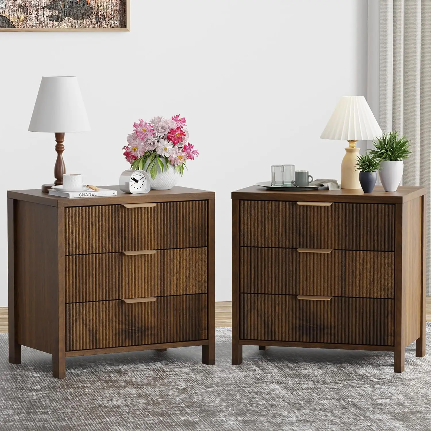 Fluted Nightstands Set of 2, 23.7'' Wide Night Stand with 3 Drawers, Mid-Century Modern Bedside Table with Handles,, Customized