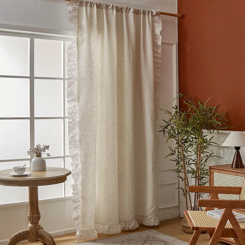 

Curtain Linen with Floral Ruffle Living Room Curtains Farmhouse Semi-sheer Retro Window Treatment Rod Pocket Japan Style 260cm