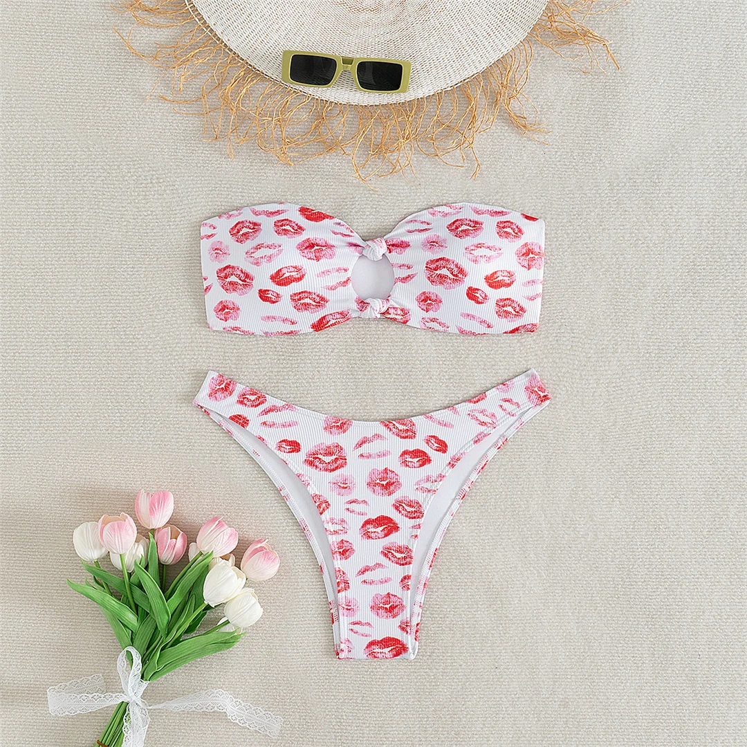 XS - L Bedruckter, ausgeschnittener Bandeau-Bikini, Damen-Badeanzug, zweiteiliger Bikini-Set, Badebekleidung, Badeanzug, Schwimmbekleidung V6496 – Detail 8