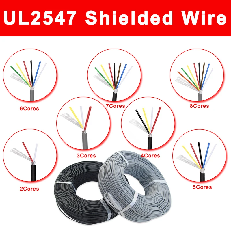 Shielded Wire 28AWG Signal Cable 2 3 4 5 6 7 8 Core PVC Insulated Channel Audio Line Headphone Copper Control Shield Wire UL2547