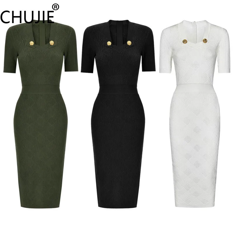 

CHUJIE Parisian Chic 2025 SS Short Sleeve Knit Dress - Slim Fit Midi Dress, Minimalist Elegant Stretch Bodycon