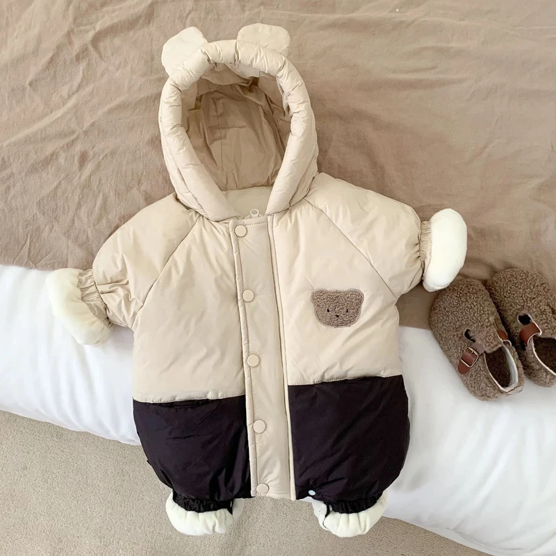 Winter overall für Baby koreanischen Bären Kapuze Baumwolle gepolstert Kleinkind Stram pler Mädchen Jungen Kleidung Fleece verdicken Säugling Stram