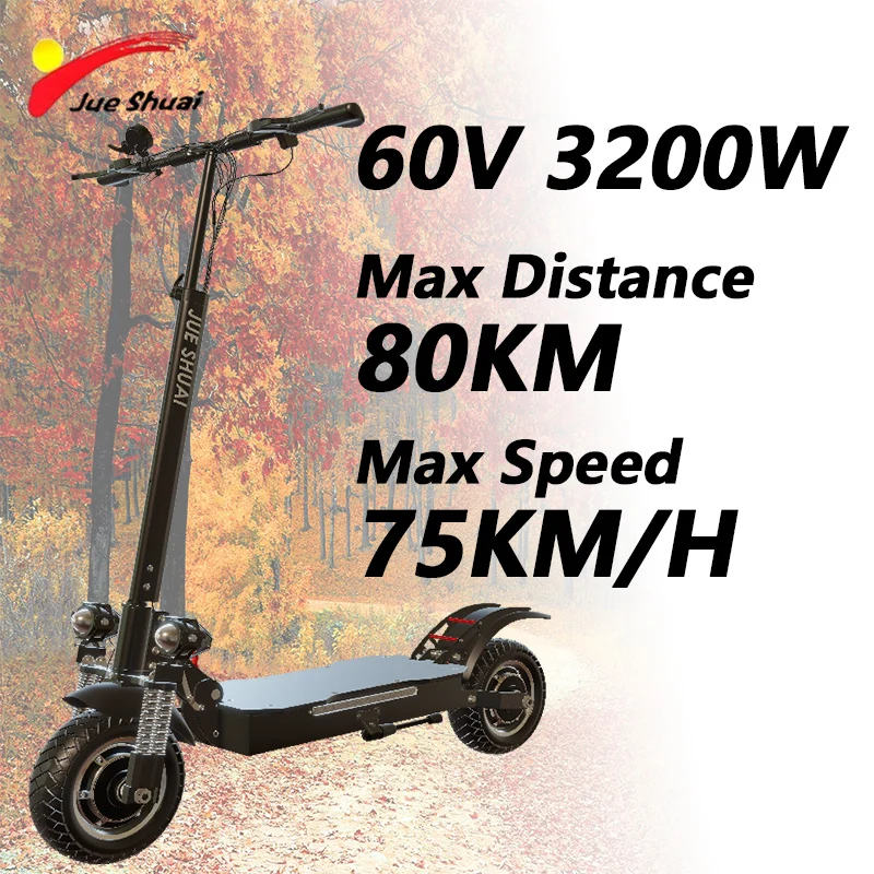 60V 3200W Electric Scooter for Adult Max Speed 75KM/H Foldable E-Scooter with 20/23.4/26AH Li-Battery 10Inch All-terrain Tyres