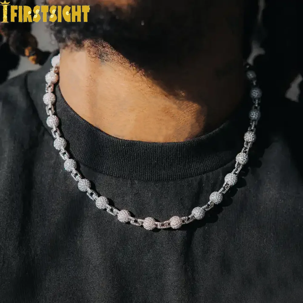 New Iced Out Solid 7mm Round Bead Necklace Chain Gold Color Hip Hop Link Bling Full Cubic Zirconia Men's Rock  Jewelry