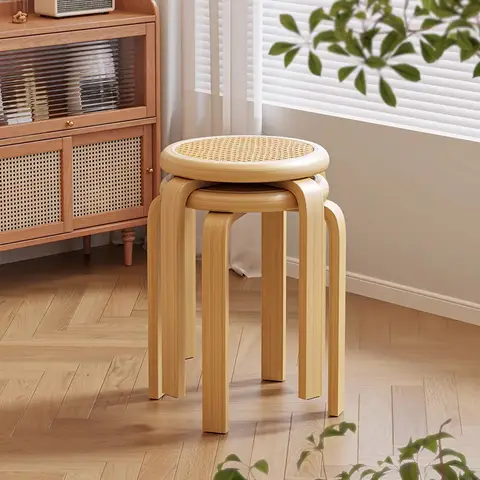 원목 라탄 원형 스툴 중세풍 식탁 의자 거실 티 테이블 스툴 벤치 식당용 여분의 식탁 의자