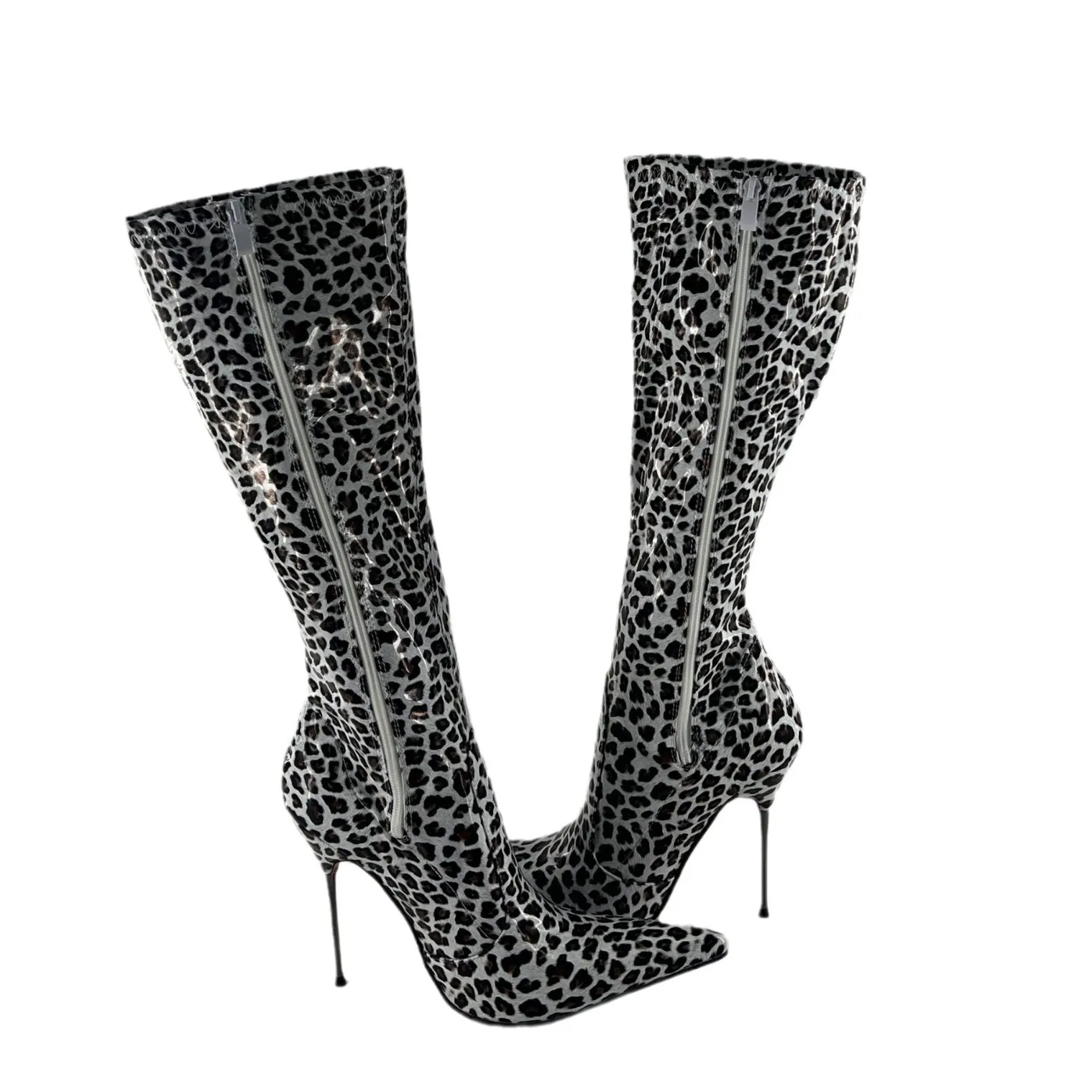 European and American sexy ultra-fine and ultra-high pointed leopard print knee high boots fashion boots fetish queen unisex