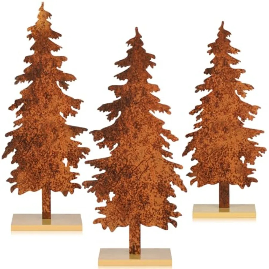 3 قطعة شجرة الصنوبر المعدنية الخريف منضدية ديكور خمر أشجار عيد الميلاد الجدول محور مع قاعدة خشبية ريفي مزرعة الدائمة