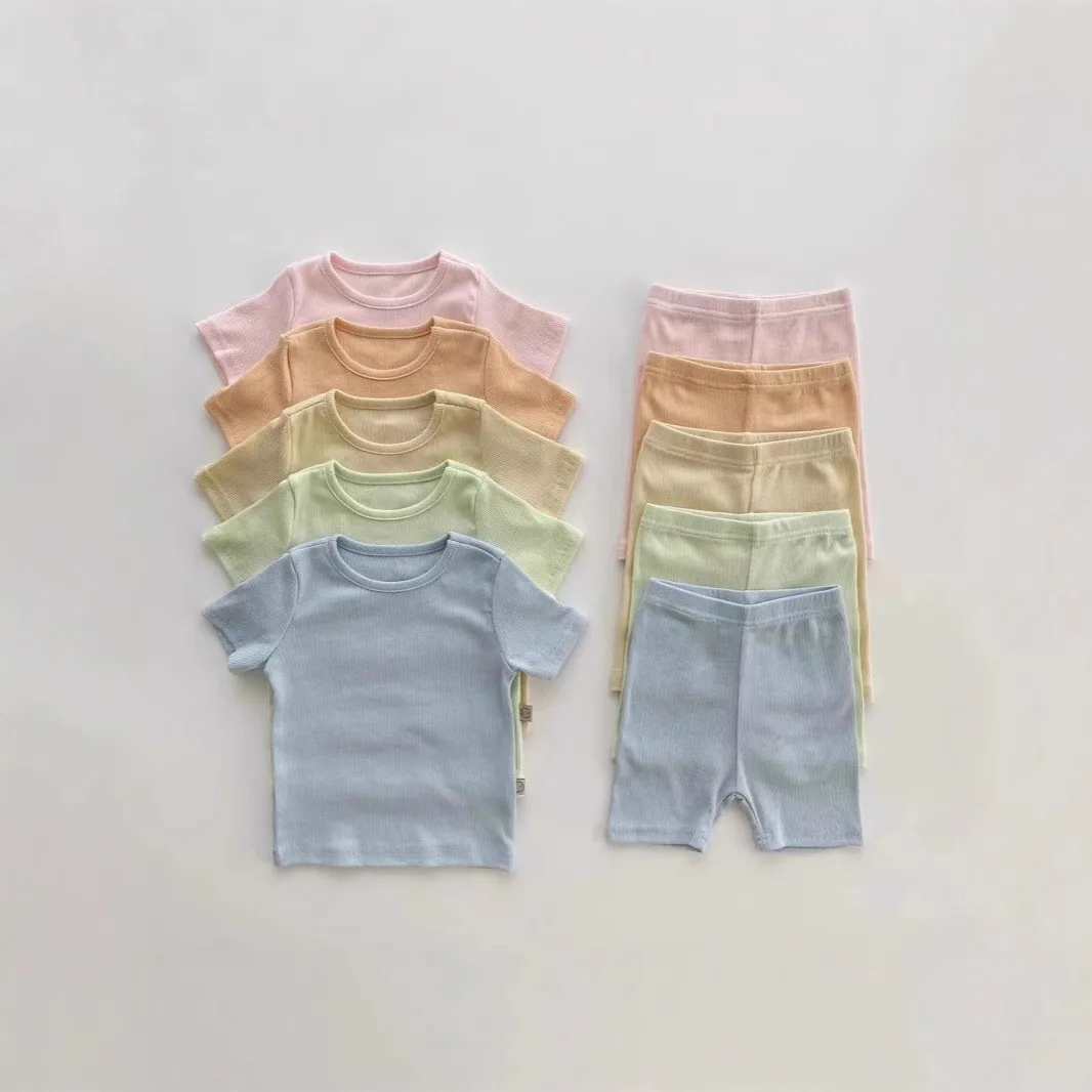 

Korean style baby cotton short-sleeved T-shirt shorts soft two-piece set baby home wear suit solid color pajamas