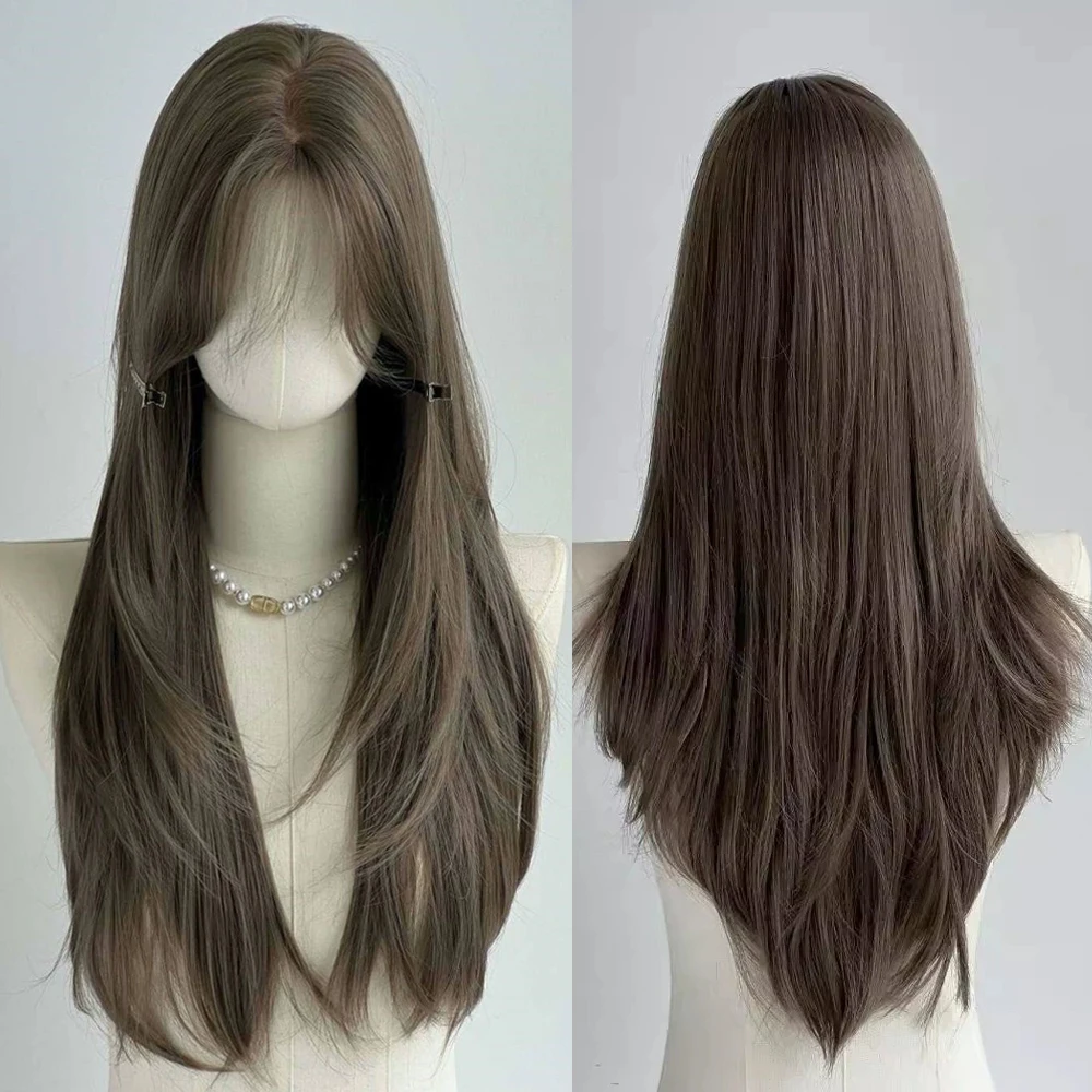 

Synthetic Long Straight Brown Women Wig Fluffy Lolita Cosplay Wig Middle Part Heat Resistant for Daily Party