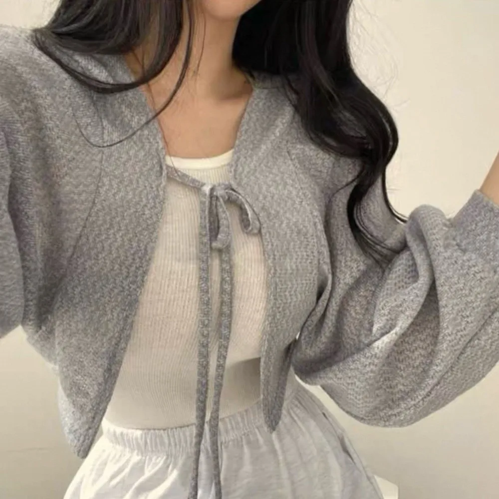 

Korean Style Knitted Cardigan Lantern Sleeve Long Sleeve Raglan Sleeve Knitwear Tops Short Thin Sweater Shawl Spring Autumn