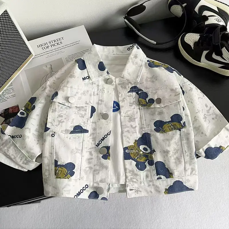 

Spring Fall Boys and girls Casual Cartoon Denim Jacket 1-5Years Kids Turn-down Collar Long Sleeve Coat Children Loose Tops