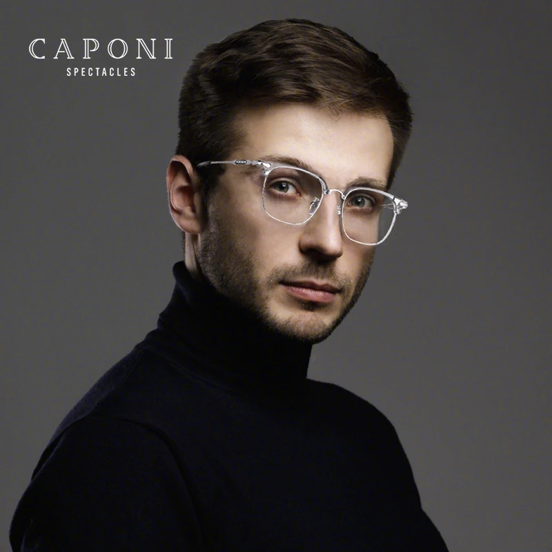 Caponi novo óculos de olho masculino quadro moda liga acetato fotocromático anti luz azul óculos marca designer jf0062