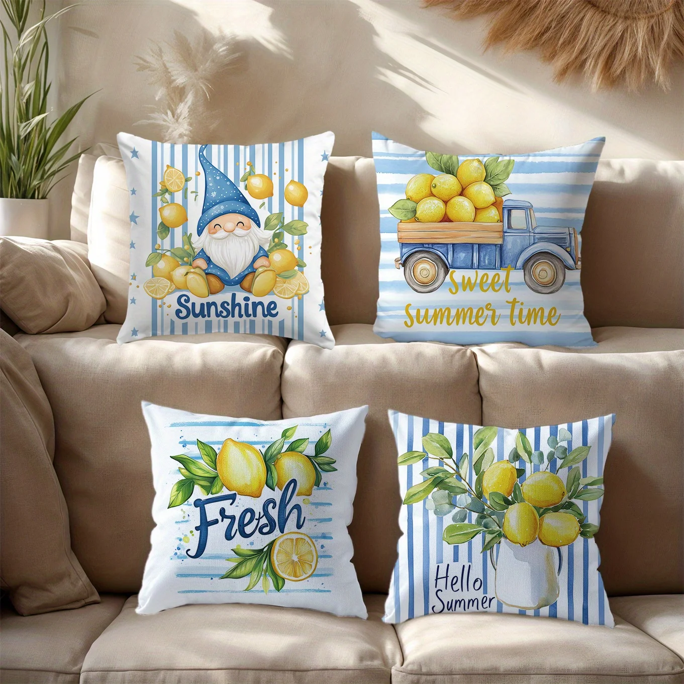 4pcs Lemon Summer Pillow Covers Suitable for garden courtyard sofa chair decoration cushion cover, gift, pillowcase only