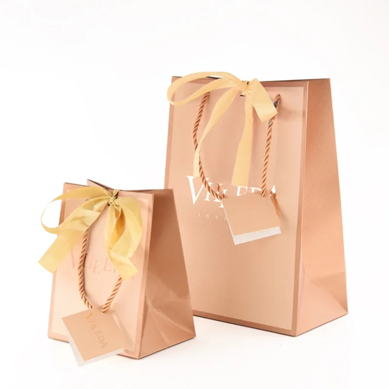 Luxury Shopping Custom Printed Logo Gift Paper Bag Minimum With Ribbon Bow