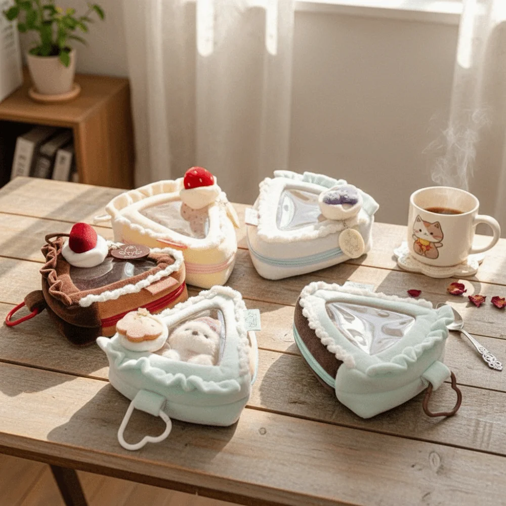 Transparent Strawberry Cake Storage Bag with Clear Window PVC Material Display Bag Heart Kaychain Colorful Protector Case