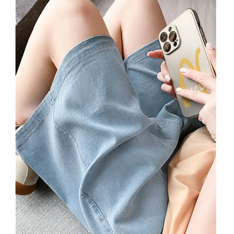 Women Denim Shorts  slim High Waist A-Line Wide Leg Pants High elasticity Solid color large pocket Shorts Casual Fashion