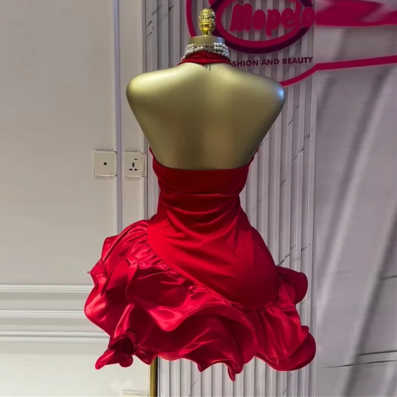 Women Sleevelss Halter V-neck Ruffles Ball Gown Smock A-line Mini Midi Dress 2025 Summer Vacation Holiday Party Dresses