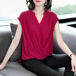 Office Lady Casual Solid Color Shirt 2023 Summer New Fashion V-Neck Button Women's Clothing Korean Irregular Short Sleeve Blouse