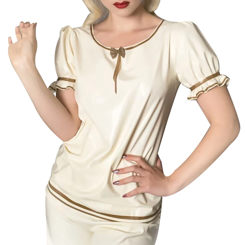 

White And Golden Sexy Latex Pajamas With Puff Ball Short Sleeves Frill Cuff Bow Crew CollarLoosely Rubber Blouse Shirt Top 452