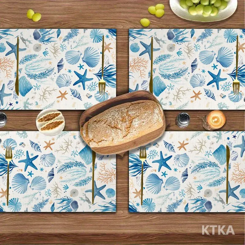 4Pcs, Blue Ocean Shell Placemats, the Best Placemats, Washable, Suitable for Holiday Parties, Home Decor, Kitchen Countertops, Rectangular Dining Rooms, Making Your Dining Room and Kitchen More Beautiful, a Birthday Gift and Housewarming Party Gift for Family and Friends