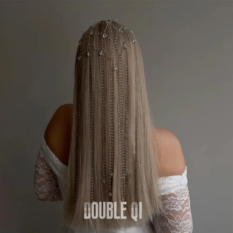 European American Fashion Bridal Wedding Headband Mesh Tassel Crystal Hair Chain Headgear for Women