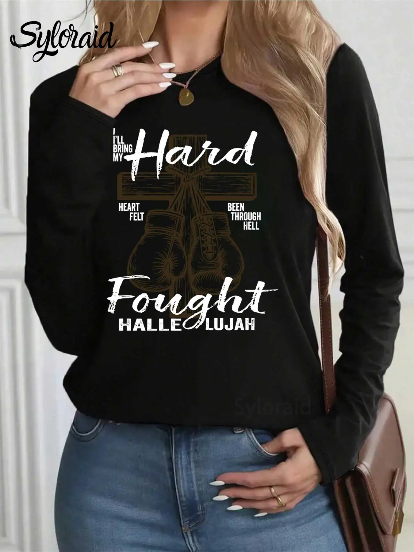Women's Long Sleeve T Shirt Hard Fought Hallelujah Print T Shirt Religious Christian Shirt Fashion Round Neck Casual Top
