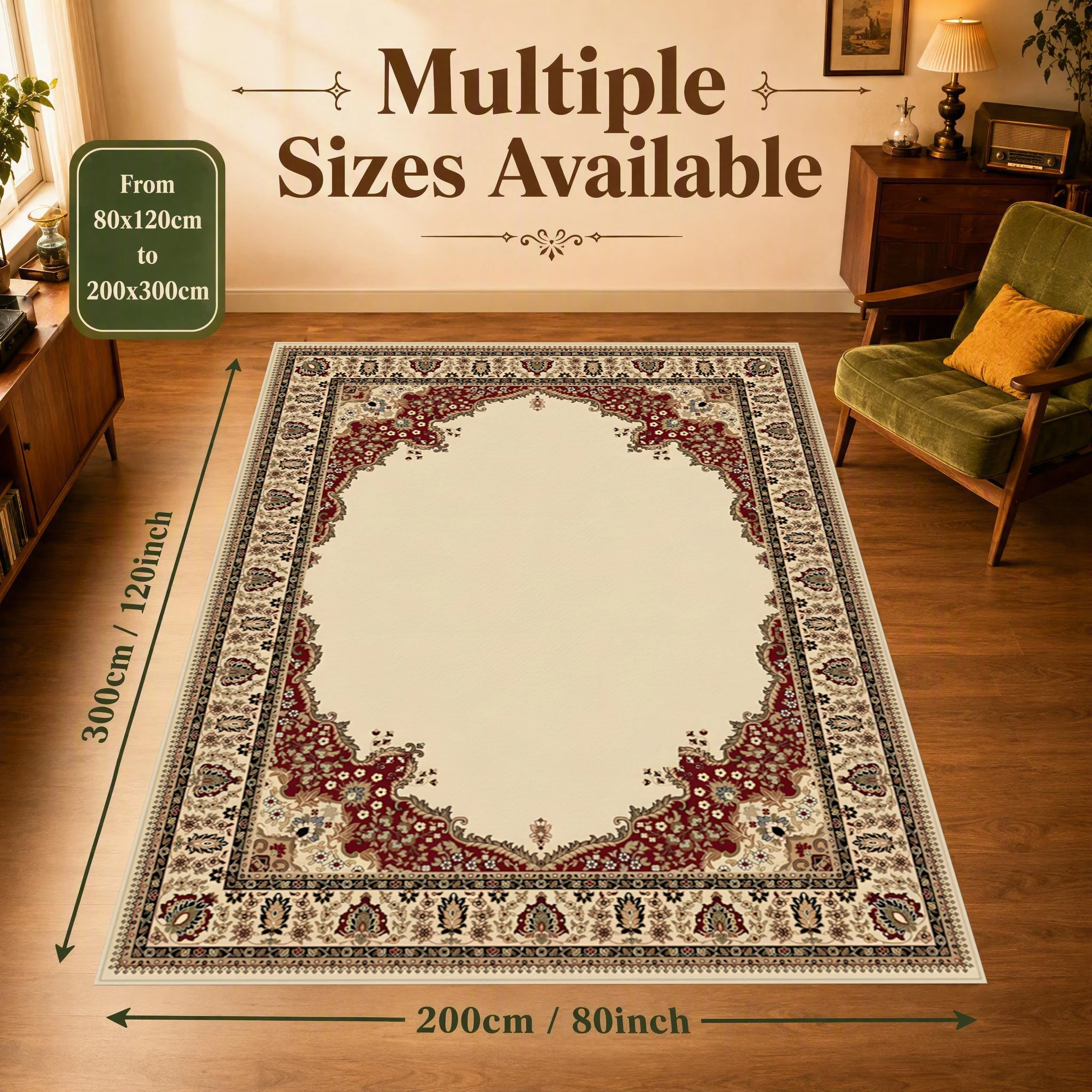 2D Large Rug with Retro Persian Border Pattern, Retro Exotic Style, Versatile for Living Room and Bedroom, Instantly Refreshes Autumn and Winter Decor