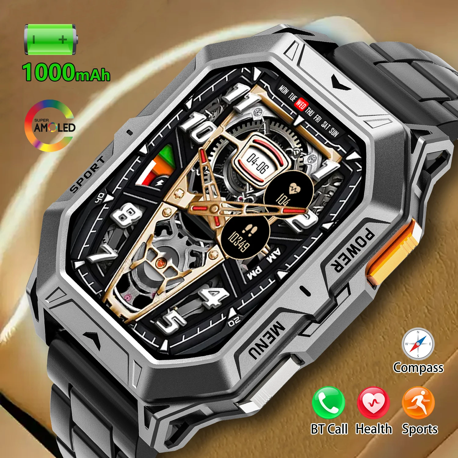 

AMOLED Smart Watch Men 1000mAh Battery Calling Voice Assistant Health Monitor Compass 1ATM Waterproof Outdoor Sport Smartwatch