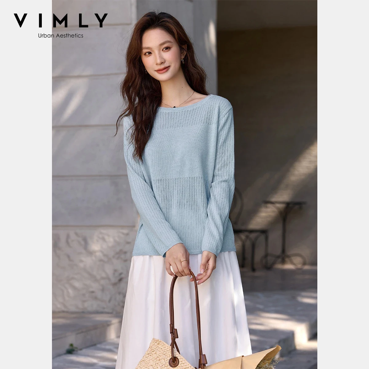 

VIMLY Women's Knit Sweater 2026 Spring New Solid O-neck Sectional Ribbed Patchwork Design Loose Casual Long Sleeve Top 75311