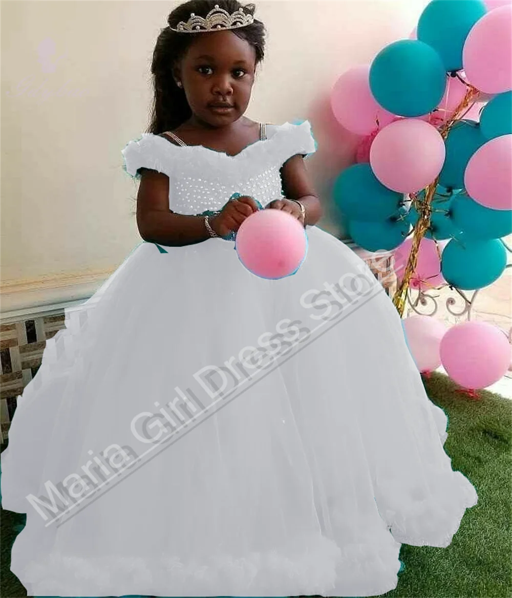 Gezwollen feestjurk voor meisjes met dunne bandjes, kralendecoratie voor schoonheidswedstrijd voor kinderen, eerste communie, avondkleding