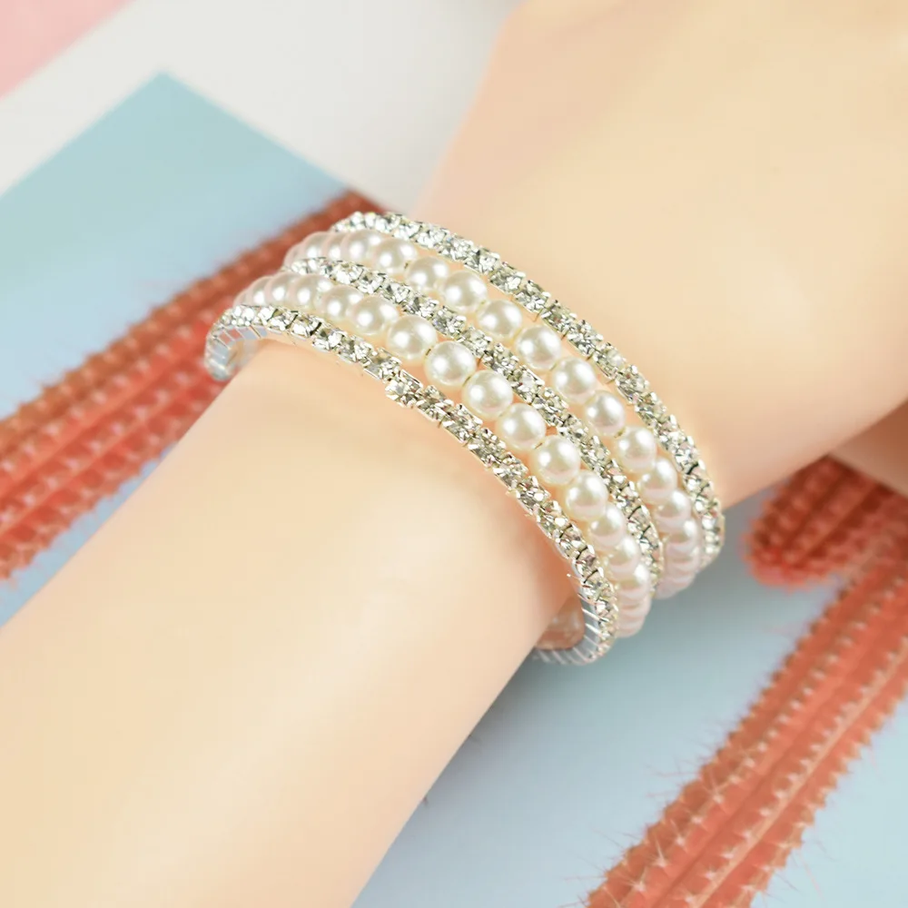 Fashion Multilayer Rhinestone Pearl Cuff Bangle Bracelet Crystal Pearls Opening Charm Bracelets For Women Wedding Bridal Jewelry