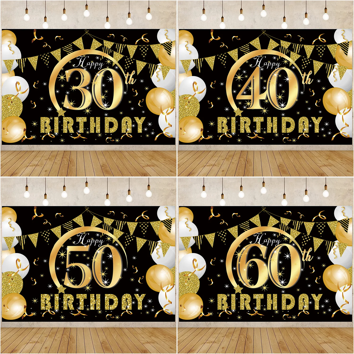 Happy Birthday 30th 40th 50th 60th Background Birthday  Adults Black Gold Balloons 30 40 50 60 Anniversary Birthday Party Decor