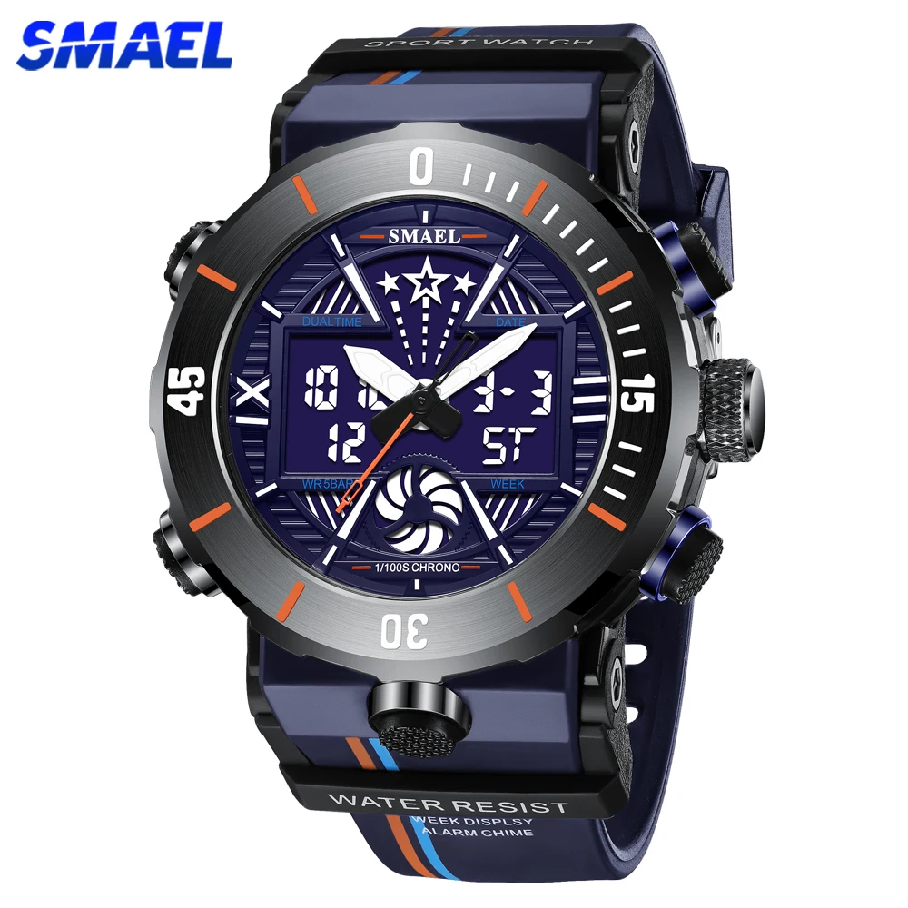 

SMAEL Sport Watch Men Fashion Dual Display Alarm Blue Back Light Waterproof Military Chrono Multiple Time Zone Male Watches