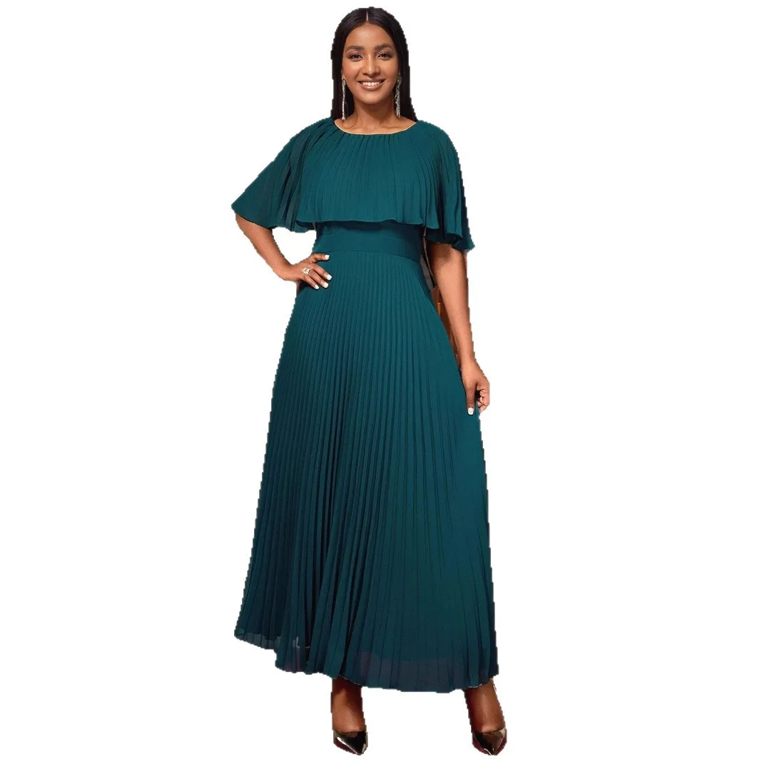 

Elegant Plus Size Pleated Maxi Dress O Neck Cloak Sleeve High Waist Perfect for Evening Event Wedding Guest or Formal Occasions