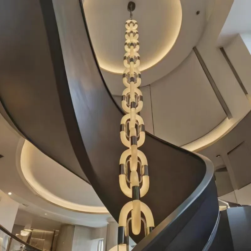 

Nordic Designer Chain Hanging white lampshade chandelier, Luxury Gold/Chrome Hardware Spiral staircase Dimmable Light