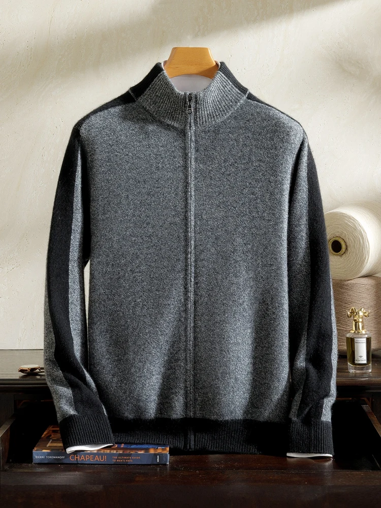 

High-end Men's 100% Cashmere Sweater Mock Neck Zipper Cardigan Smart Casual Style Cashmere Knitted Jacket Autumn Winter Clothing