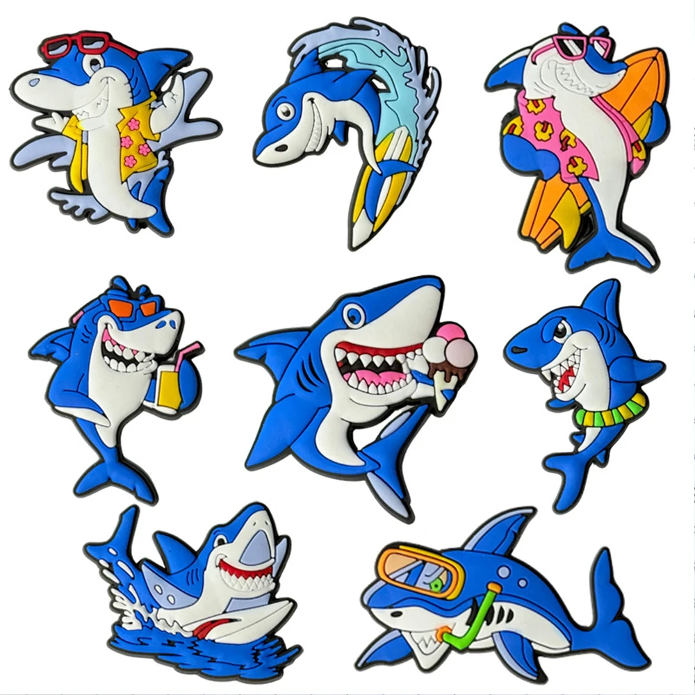 8-16pcs Summer Surfing Shark Shoe Charms Cartoon ​for Shoe Charms Accessories for DIY  Classic Clog Shoe Decoration Kids Gifts