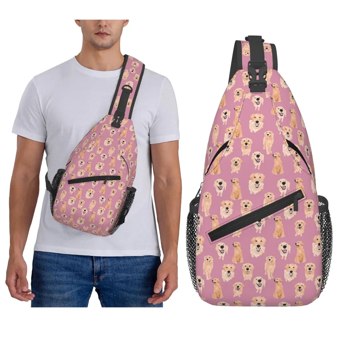

Золотистые ретриверы на розовой нагрудной сумке, мужской рюкзак через плечо, нагрудная сумка, дорожный походный рюкзак, сумка на плечо