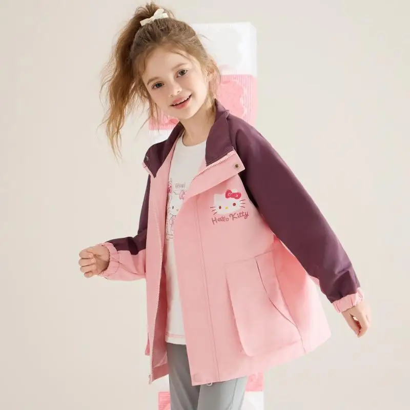 

Sanrio Hello Kitty Jacket Girl Spring Fall Zipper Hooded Coat Children Kawaii Anime Cartoon Fashion New Style Casual Clothing