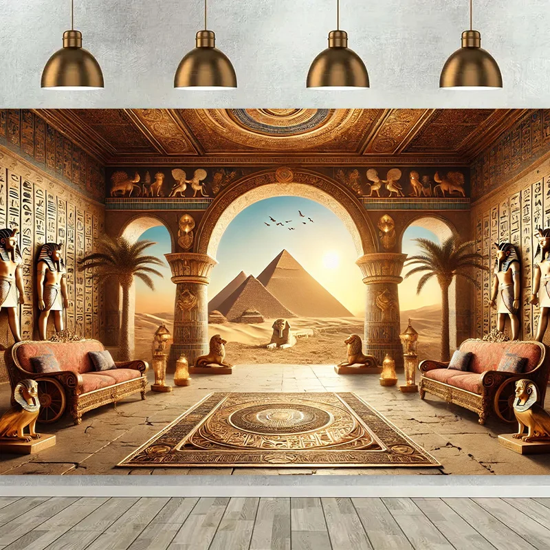 Dieser Hintergrundstoff zeigt die Landschaft der antiken ägyptischen Pyramiden an. Es besteht aus Polyester und ist multifunktional
