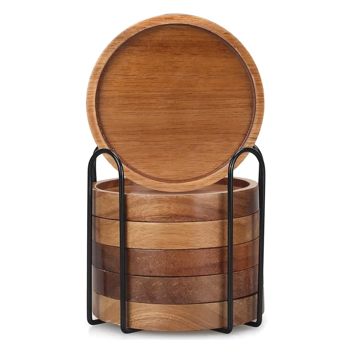 giftnew 6 Pcs Best Wooden Coasters with Holder Coffee Table Decor Wood Coaster Set Modern Cup Coaster for Drink Home Dining