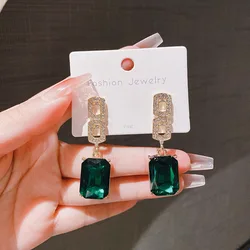 Female Luxury Green Crystal Stud Earrings Classic Zircon Square Stone Vintage Delicate Couple Engagement Jewelry Gift For Women