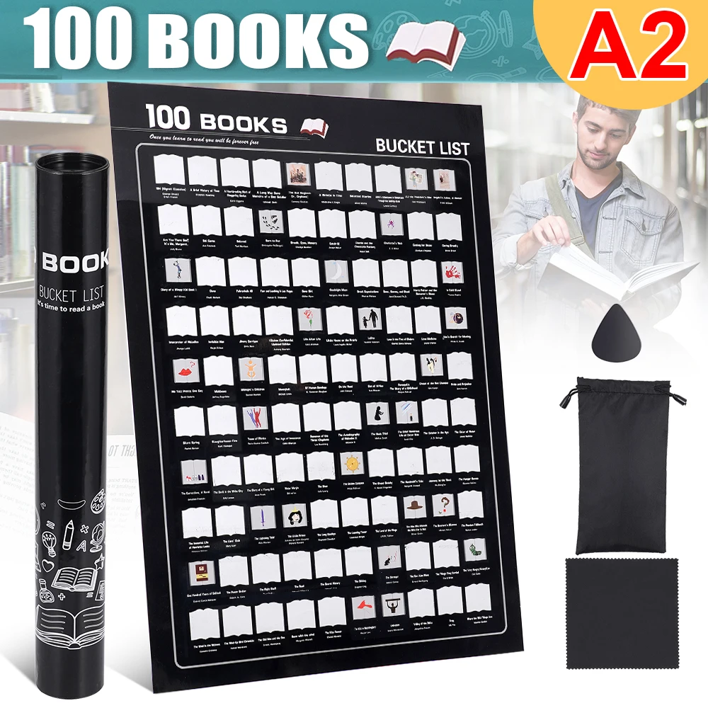 100 كتابًا ملصقًا للخدش يجب قراءتها على الإطلاق قائمة دلو كبيرة قراءات جدار الفن كتاب عشاق هدية للرجال والنساء القراء