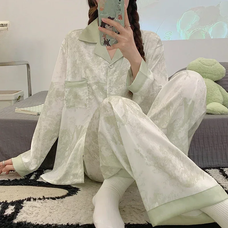 Lente Herfst Groen Ondergoed Sexy Nachtkleding Stropdas Met Lange Mouwen Tweedelige Pyjama Set Dames Vest Huiskleding Dames Nachtkleding Dames Nachtkleding